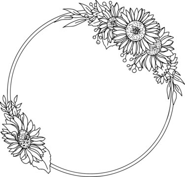Vector wreath frame sunflower.  Illustration of flower wreath for content and graphic, wedding, greeting card.