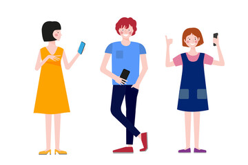 Boys and girls stand with phones. Children communicate. Teen relationship. 