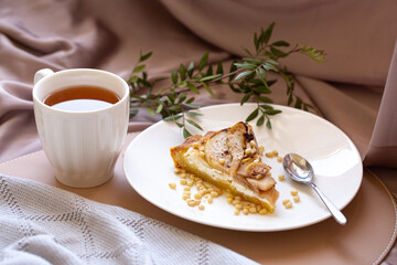 Breakfast with cottage cheese and pear pie with shortbread and tea