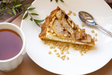 Breakfast with cottage cheese and pear pie with shortbread and tea