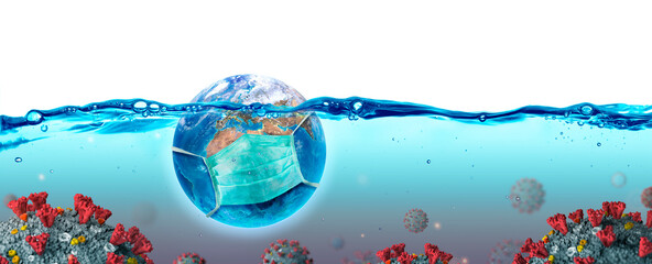 Earth With Protective Mask That Drowns In Infect Water - 3d rendering with elements are furnished by NASA