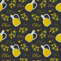 Seamless pattern with a bottle of olive oil, a branch and olives. For decor, wallpaper, paper, packaging. Vector illustration on dark background.