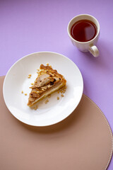 Breakfast with cottage cheese and pear pie with shortbread and tea