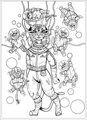 Cartoon cosmic characters, cute extraterrestrial animal and creature, cat cosmonaut  in astronaut costume with tentacles and big ears, and funny alien kittens in space suits, flying among the bubbles.