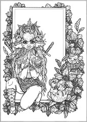 Cartoon fantasy character, fairytale girl warrior with horns, big ears and eyes, with long pigtails and flowers on head, with swords behind, sit in vegetation and flowers with a hiding little goat spy