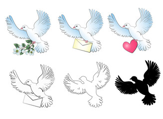 Set of doves in cartoon style, outline and black silhouette, they hold a heart, a flowering branch and a letter in their paws. Stock vector illustrations isolated on white background.
