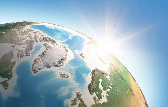 Sun shining over a high detailed view of Planet Earth, focused on North Pole, Greenland and Arctic Ocean. 3D illustration - Elements of this image furnished by NASA