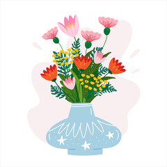 Bouquet of flowers in a blue vase. Cute and cozy cartoon hand drawn vector illustration isolated with mimosa, carnation, tulip and fern flowers. Good for greeting cards, mother s day, happy birthday.