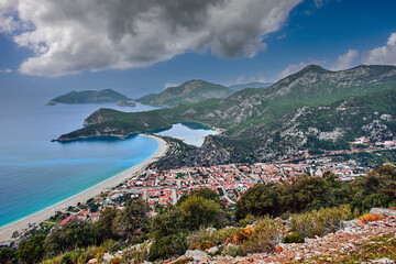 View of Oludeniz beach near Fethiye town in Turkey from Lycian Way.