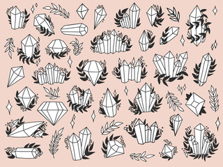 Hand drawn crystal set. Collection of magic elements. Witchcraft design fo stickers. Vector black and white illustration on white backgound.