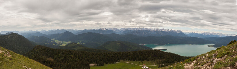 Panorama view of Walchensee lake, Jochberg mountain in Bavaria, Germany