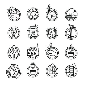 Desenho de &iacute;cones ecol&oacute;gicos. Ilustra&ccedil;&atilde;o de &iacute;cones de ecologia. &Iacute;cones de ecologia.