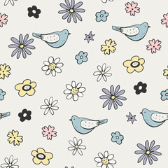 Birds and flowers seamless vector pattern