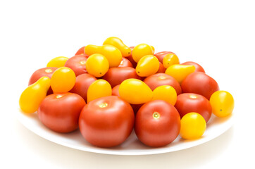 ripe, fresh, natural, multi-colored tomatoes on a white background