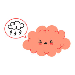 Cute funny brain character and speech bubble with thundercloud. Vector hand drawn cartoon kawaii character illustration icon. Isolated on white background. Agerssive angry brain character concept