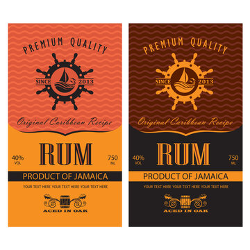 collection of rum labels with yacht and helm in retro style