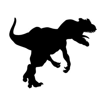 Black realistic silhouette of a dinosaur on a white background. Allosaurus. Vector illustration
