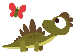Baby dinosaur playing with a butterfly. The isolated object on a white background. Cheerful kind animal child. Cartoons flat style. Prehistoric reptile. Illustration vector