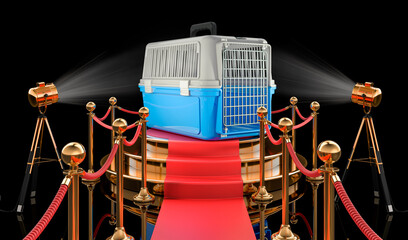 Podium with pet travel plastic cage, 3D rendering