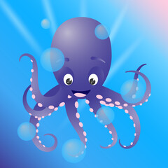 Cute smiling octopus in deep blue backdrop vector illustration. Aquatic animal.