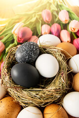 Happy Easter card background, colored dark black Easter eggs in nest top view on wooden background with spring flowers, selective focus image.