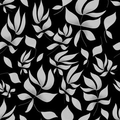 Seamless floral pattern, gray leaves on black background. Hand drawing illustration.