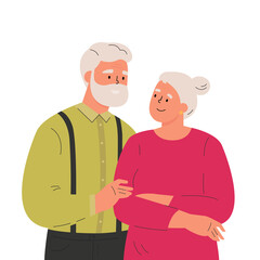Happy elder man hugging his wife feeling love to each other. Portrait of old couple man and woman. Friendly family relationship. Cartoon vector flat illustration on white background. 