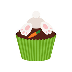 Easter cupcake with bunny booty and carrot isolated on white background. Cake sweets food muffin with bunny rabbit digging in the ground. Flat design cartoon style easter dessert vector illustration.