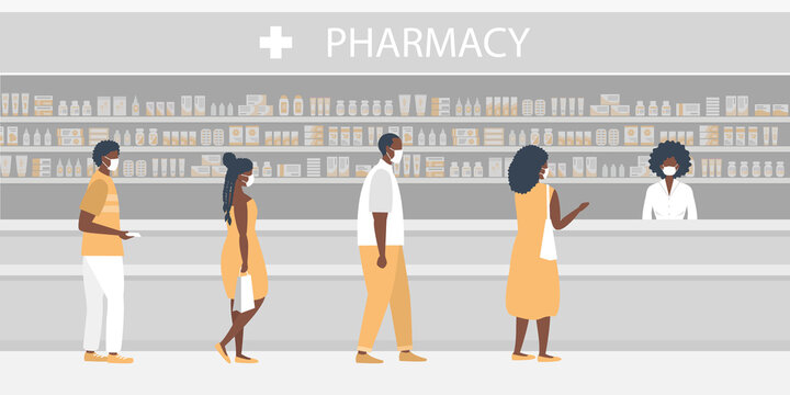 Pharmacy during the coronavirus epidemic. Black people in medical masks in the pharmacy. The pharmacist stands near the shelves with medicines. Visitors keep their distance in line. Vector