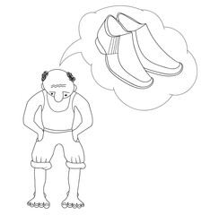 Vector cartoon flat character think, dreams of buying shoe. Barefoot man thinks about shoes