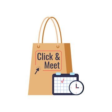 Click And Meet Visit Time And Date Icon Isolated On White Background. Calendar And Clock On Shopping Bag, Click Meet Text, Arrow. Flat Cartoon Supermarket Event Schedule Vector Illustration.