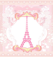 Fototapeta na wymiar Vintage retro Eiffel card - decorative pink background