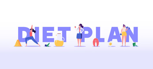 Diet plan. Сoncept of fitness marathon, proper nutrition, healthy food, weight management, beautiful body, individual dietary service, vegetables, slimming. Vector illustration in flat design