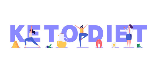 Keto diet vector illustration. Flat tiny slim fit body people concept. Diet plan checklist, training, nutrition control and vegetables, fish, oil. Weight management, individual dietary service