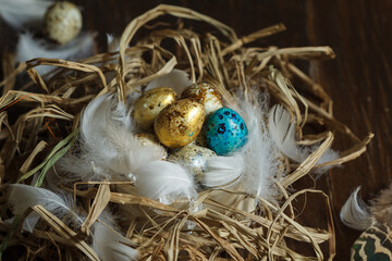 Easter, spring content. Painted Easter quail eggs in a nest of feathers and straw, on a dark wooden background,close-up