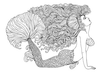 Vector drawing fantastic sea mermaid with developing long wavy hair decorated water lily. Sea goddess with a lush fin tail lies on the bottom and looks. Pattern ornamental coloring page Fairy tale 