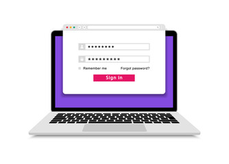 Login form on laptop screen. Laptop with login and password page. Username and password fields. User authorization on web browser window on computer. Vector illustration.