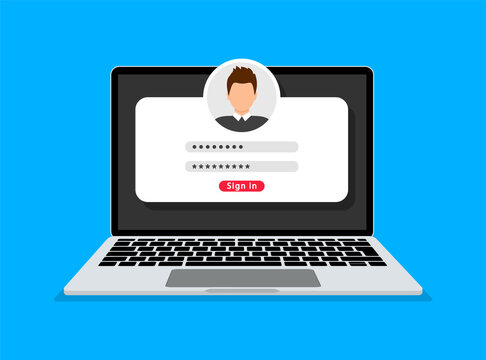 Login form on laptop screen. Laptop with login and password page. Username and password fields. Online registration. Sign in to account. Vector illustration.