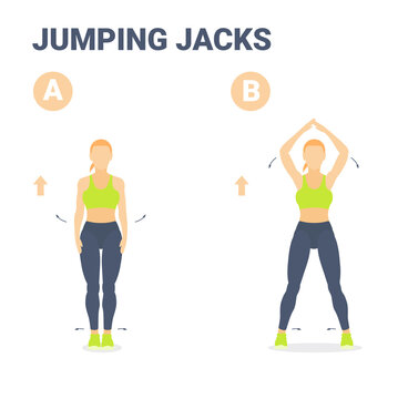 Jumping Jacks Female Home Workout Exercise Guidance Colorful Vector Illustration.