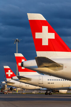 Swiss Airbus A320 airplane tails Zurich Airport in Switzerland