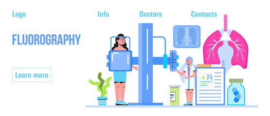 Fototapeta premium Fluorography concept vector. Tuberculosis specialist concept vector. Pulmonary fibrosis, pleurisy, tuberculosis, pneumonia illustration for website, header. Lung diagnosis x-ray machine.