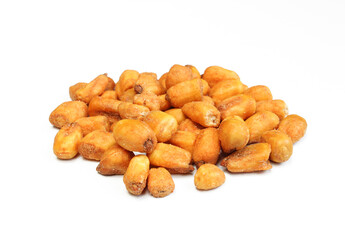 Pile of roasted corn seeds isolated on white background. Crunchy and salty snack