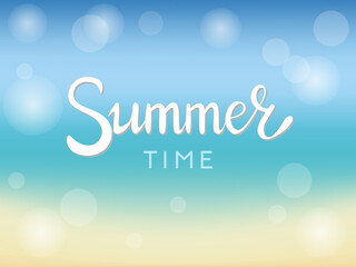 Vector hand drawn text 'summer time'. Isolated white lettering phrase on blur beach background with highlites