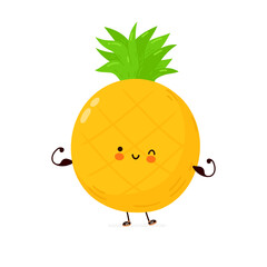 Cute funny Pineapple fruit show muscle. Vector hand drawn cartoon kawaii character illustration icon. Isolated on white background. Pineapple fruit fitness concept