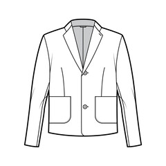 Blazer jacket suit technical fashion illustration with long sleeves, notched lapel collar, patch pockets, oversized body. Flat coat template front, white color style. Women, men, unisex top CAD mockup