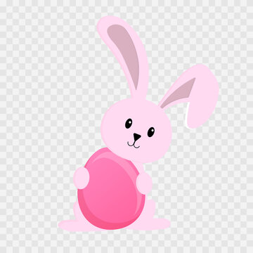 The hare is holding an egg in its paws. Hare on an isolated transparent background. Egg png, hare png. Happy Easter. Vector image.