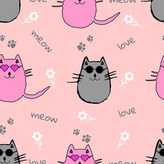 Seamless pattern with cool cats in glasses on pink background.
