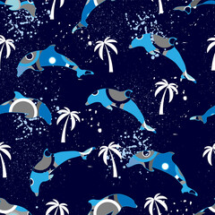 Seamless pattern with dolphins and white palms on dark blue background.