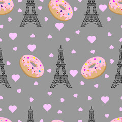 Fototapeta na wymiar Seamless pattern with donuts, eiffel tower and hearts