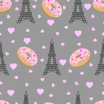 Seamless pattern with donuts, eiffel tower and hearts
